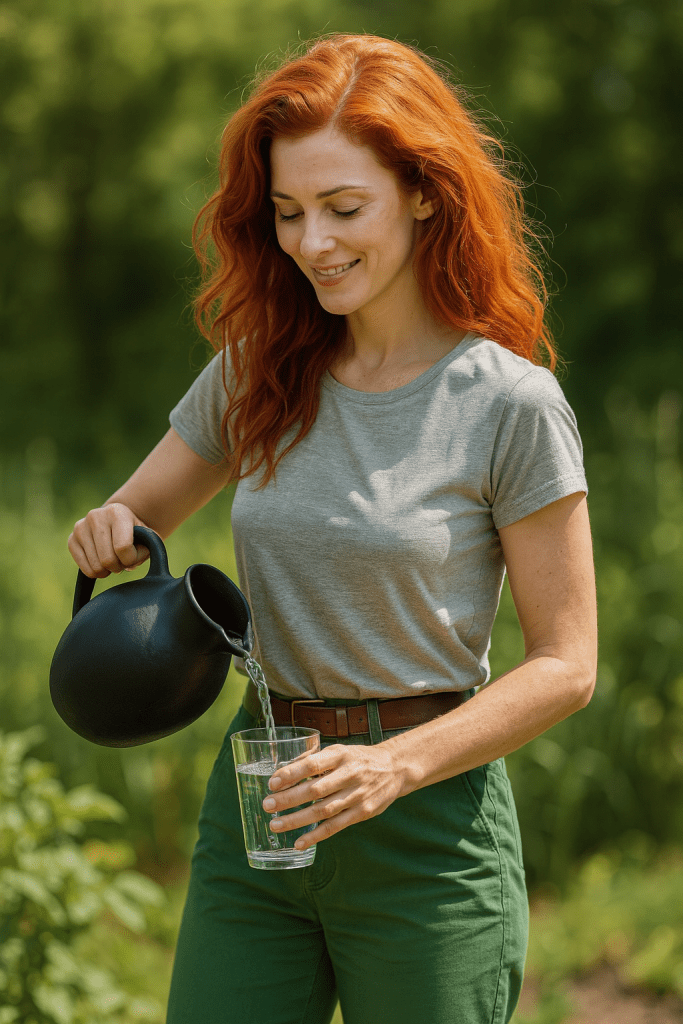 Red-haired woman offering water, symbolizing the Woman at the Well primed to release the living water of memory and resurrection.