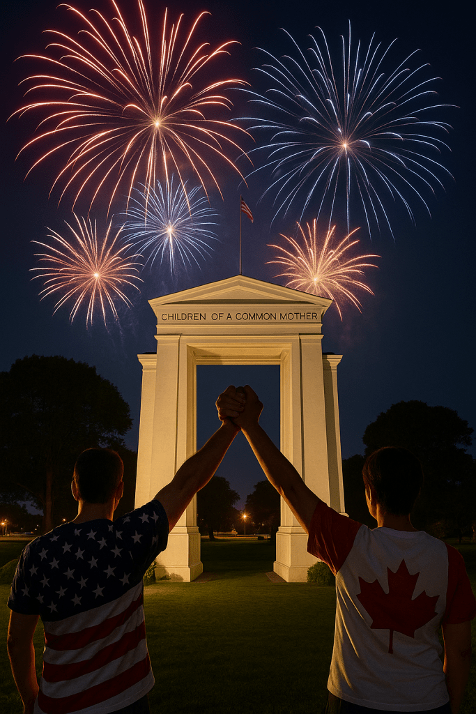Peace Arch border at night with fireworks and symbolic hands reaching across the US–Canada border