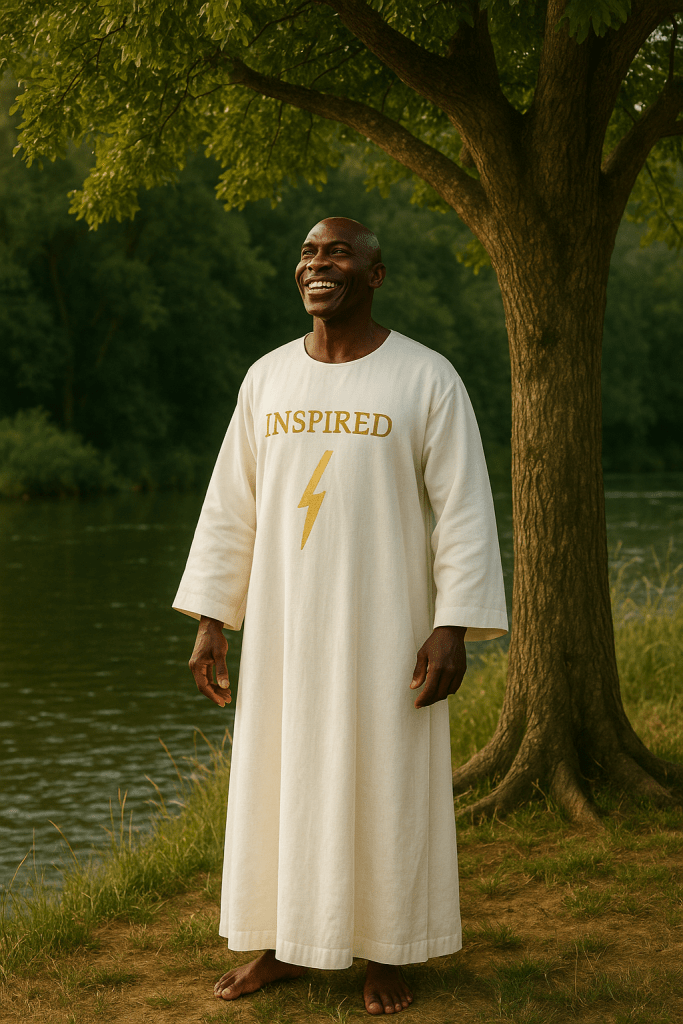 Simon the Bard Bridegroom standing beneath a tree by the water, wearing a white robe symbolizing redemption and readiness.