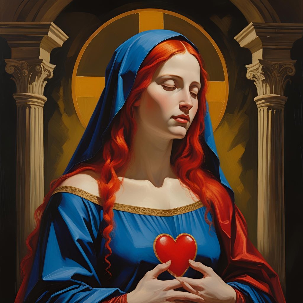 Mary Magdalene with a heart, portrayed as the Bride, holding the heartbeat of the Gospel in love and covenant with her Bridegroom, standing face to face in intimacy and devotion.
