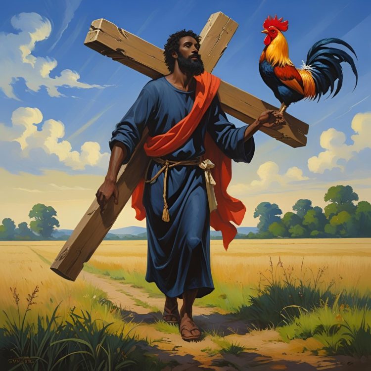 Simon of Cyrene, a Black man, carrying the cross while a rooster watches from the beam, symbolizing the call to follow and not spectate.