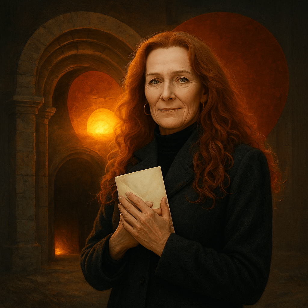 Mature Magdalene holding a letter at the Garden Tomb, glowing as the Heart of the Gospel.