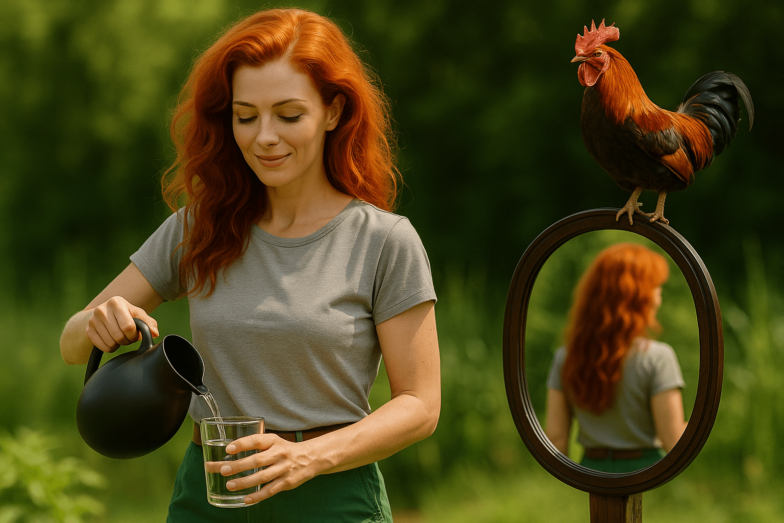 A red-haired woman pours water into a glass as her reflection appears in the oval mirror behind her, with a rooster perched above.
