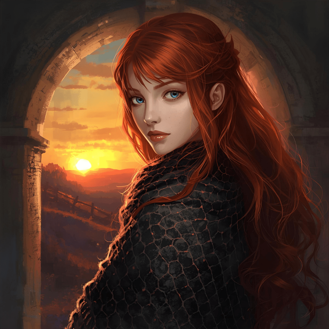 Icon of the red-haired Magdalene at sunset, incarnation of Communion and the Heartbeat of the Gospel