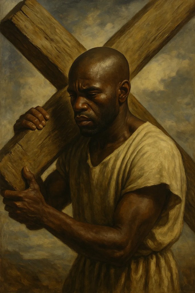 Depiction of Simon of Cyrene carrying the Cross, remembered as Simon the Black, while Joseph of Kyrenia was honoured as Barnabas — two names for the one Father, divided by worldly thinking.