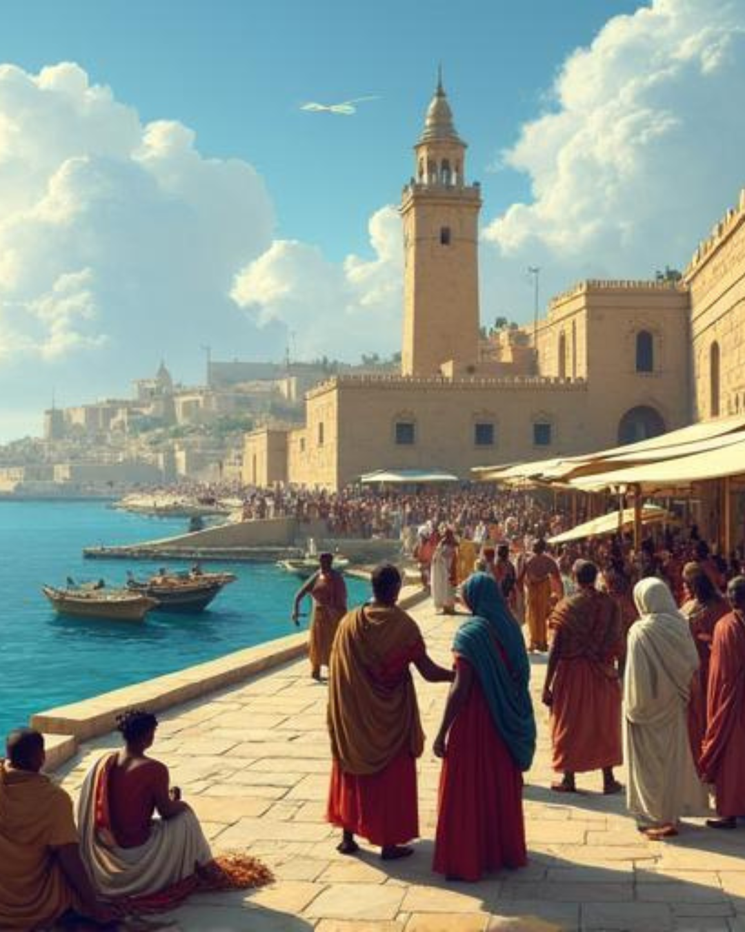 Painted ancient Alexandrian harbour with people, boats, and a tall tower.