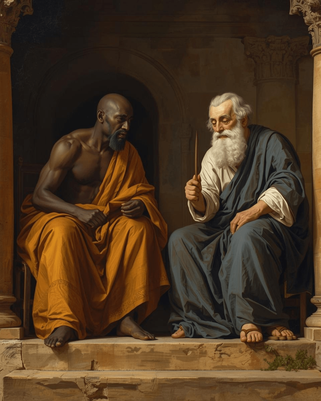 On a stone porch, a Black man in saffron robes sits beside an older white man with a beard, who holds a leafless branch.