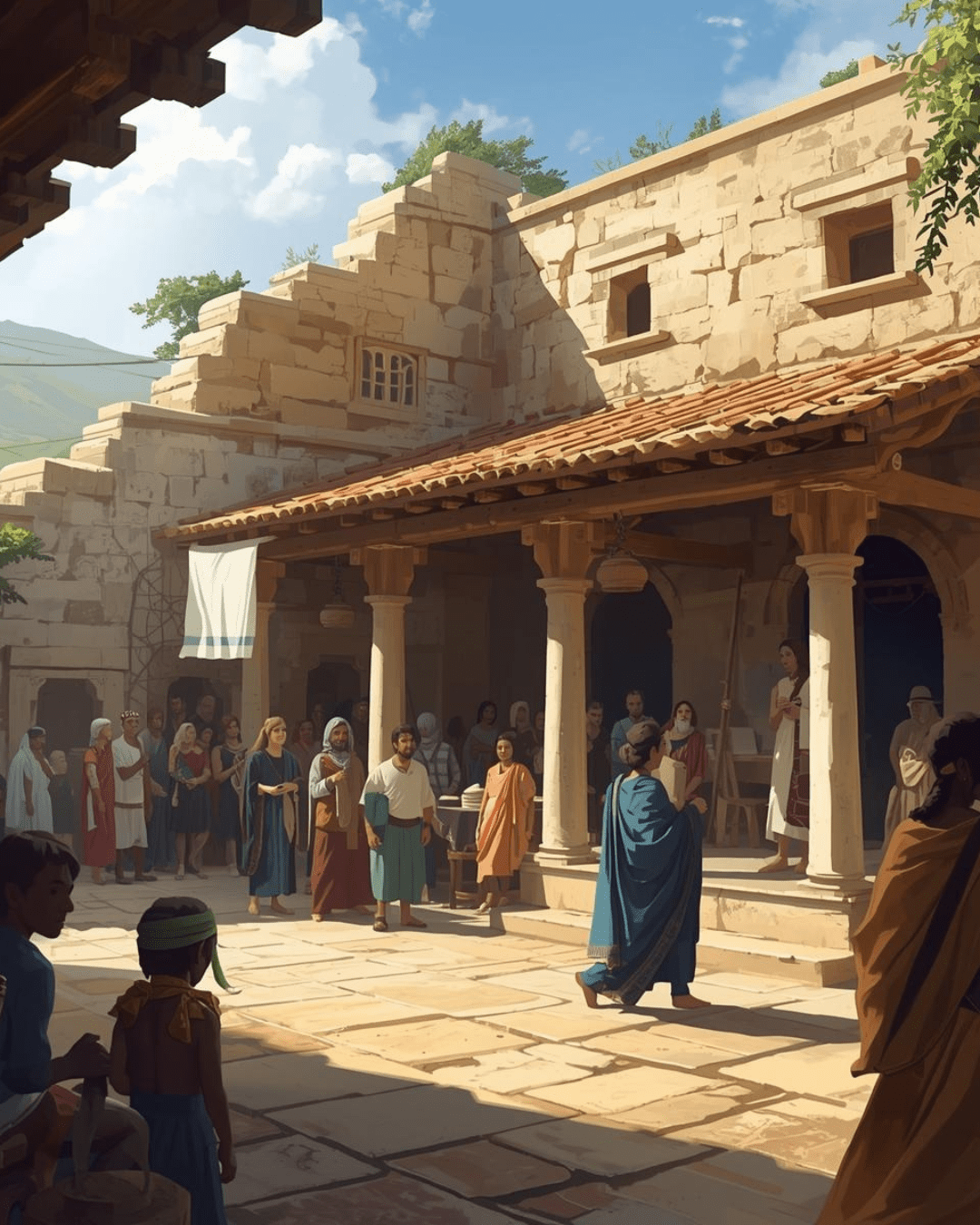 Shaded stone porch with columns forming a public walkway.