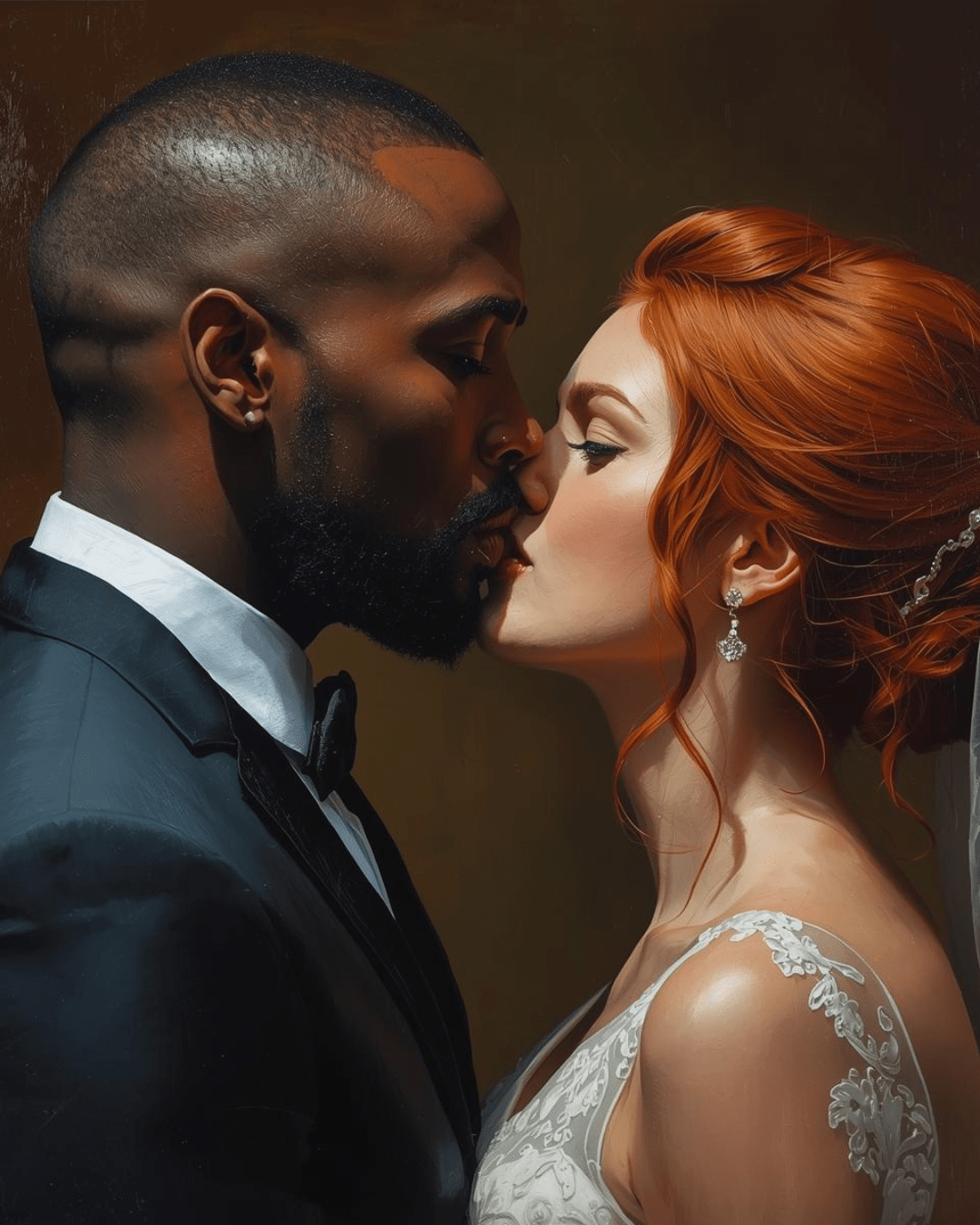 A Black man and a red-haired bride kissing face to face in wedding attire.