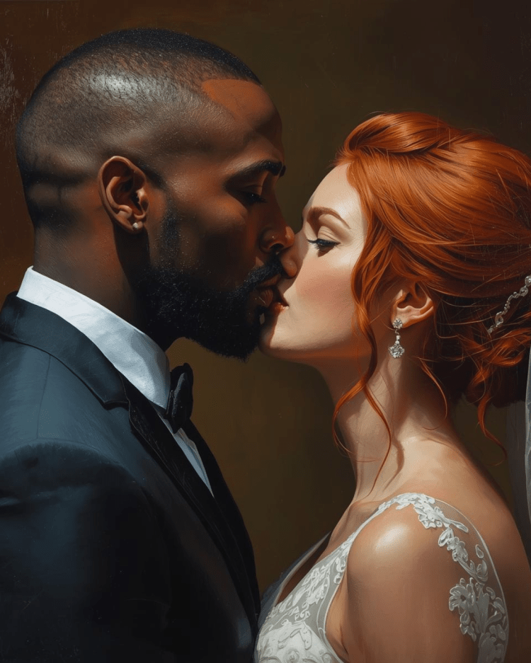 A Black man and a red-haired bride kissing face to face in wedding attire.