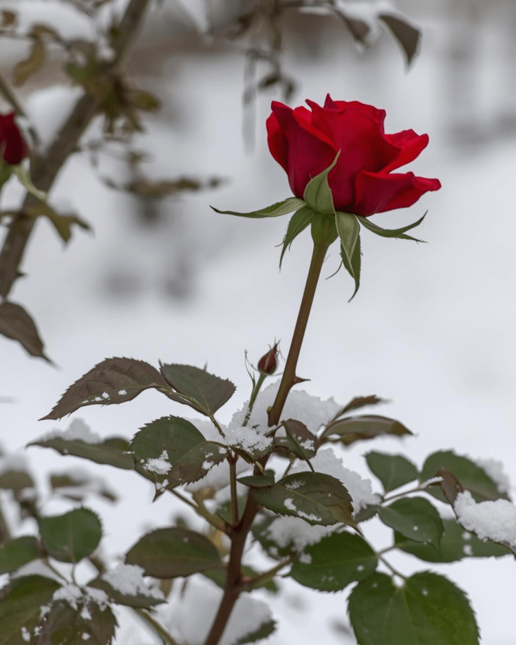 A single red rose blooming in deep snow.
