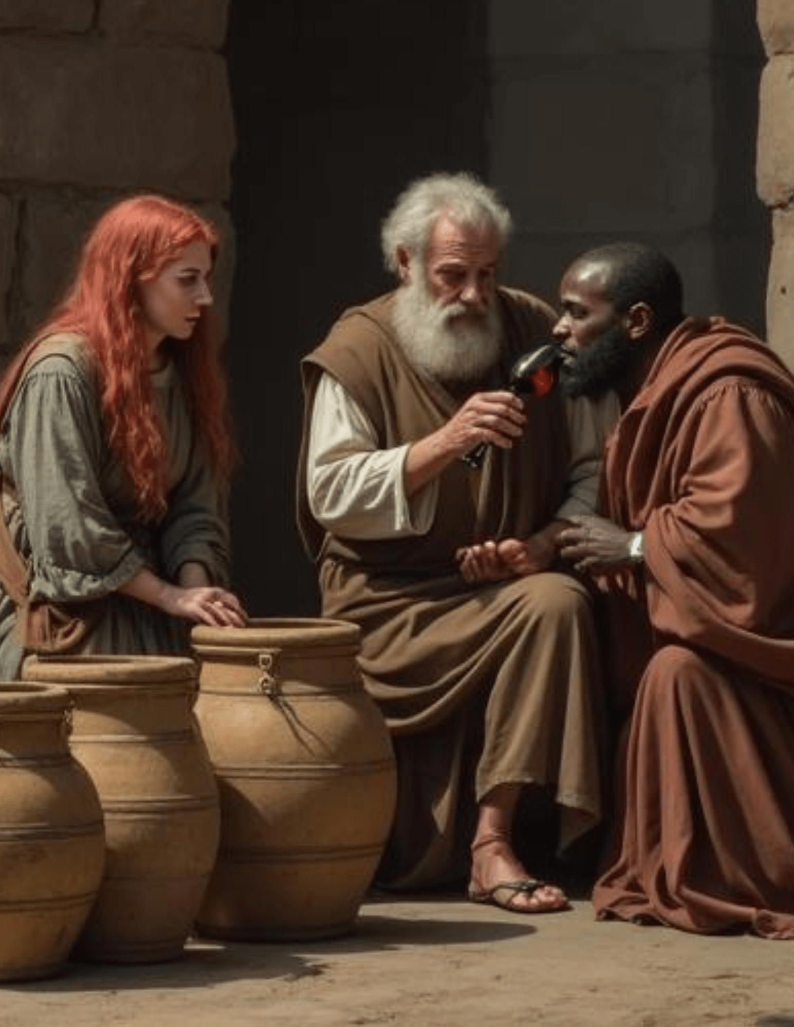 A red-haired woman rests her hand on a stone jar as an elder, professorial-looking man lifts a glass of wine for a black man draped in saffron to taste.