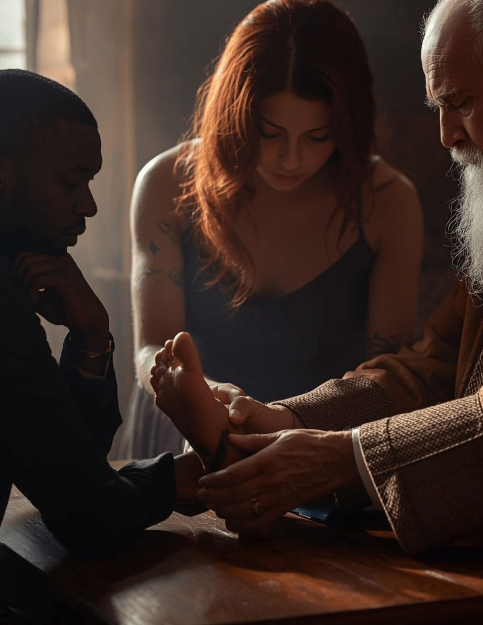 A red-haired woman anoints a white man’s feet at a table while a black man seated in shadow watches.