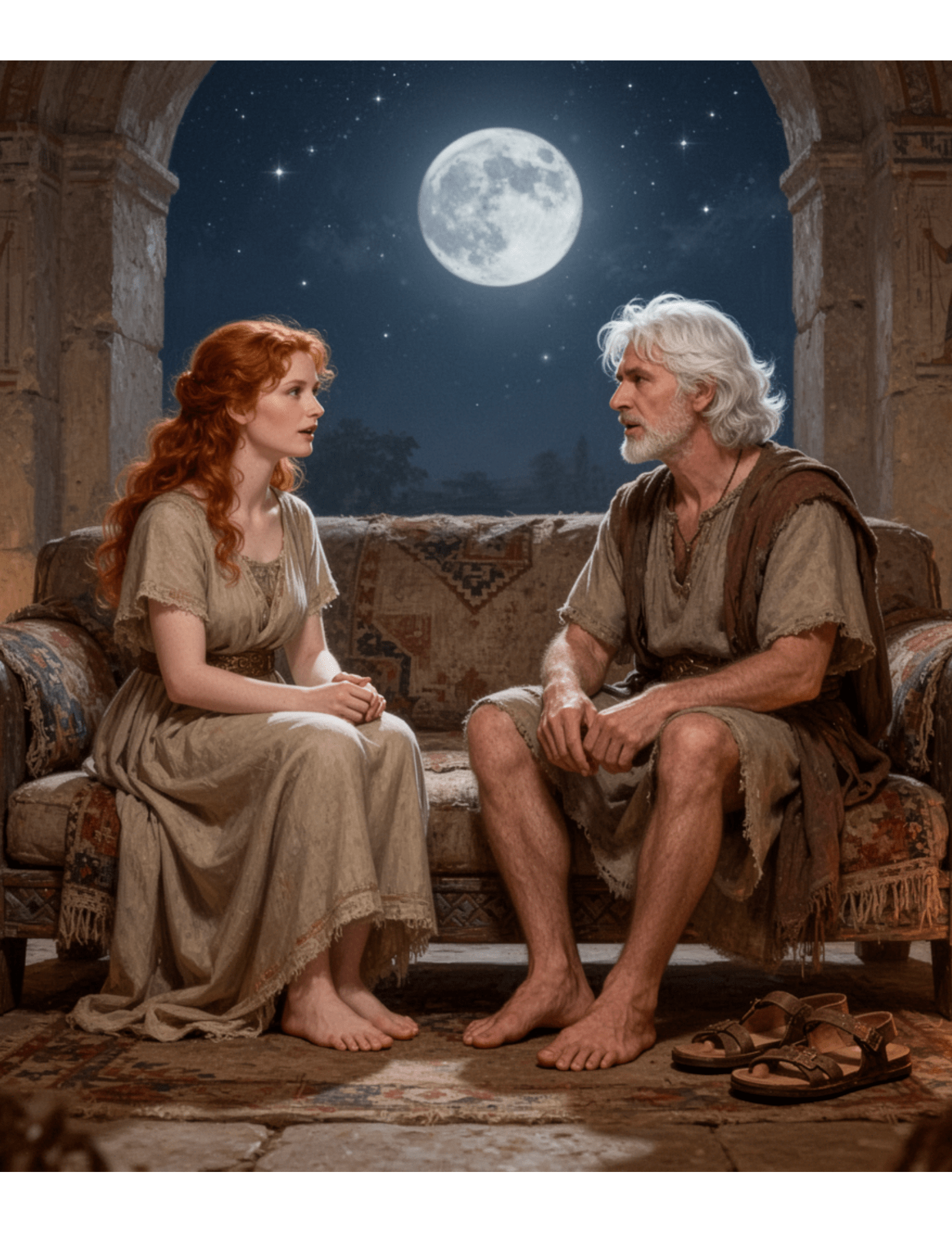 Man and woman in a first-century setting seated face to face on a couch with sandals removed, moon and night sky visible through a parted curtain behind them.