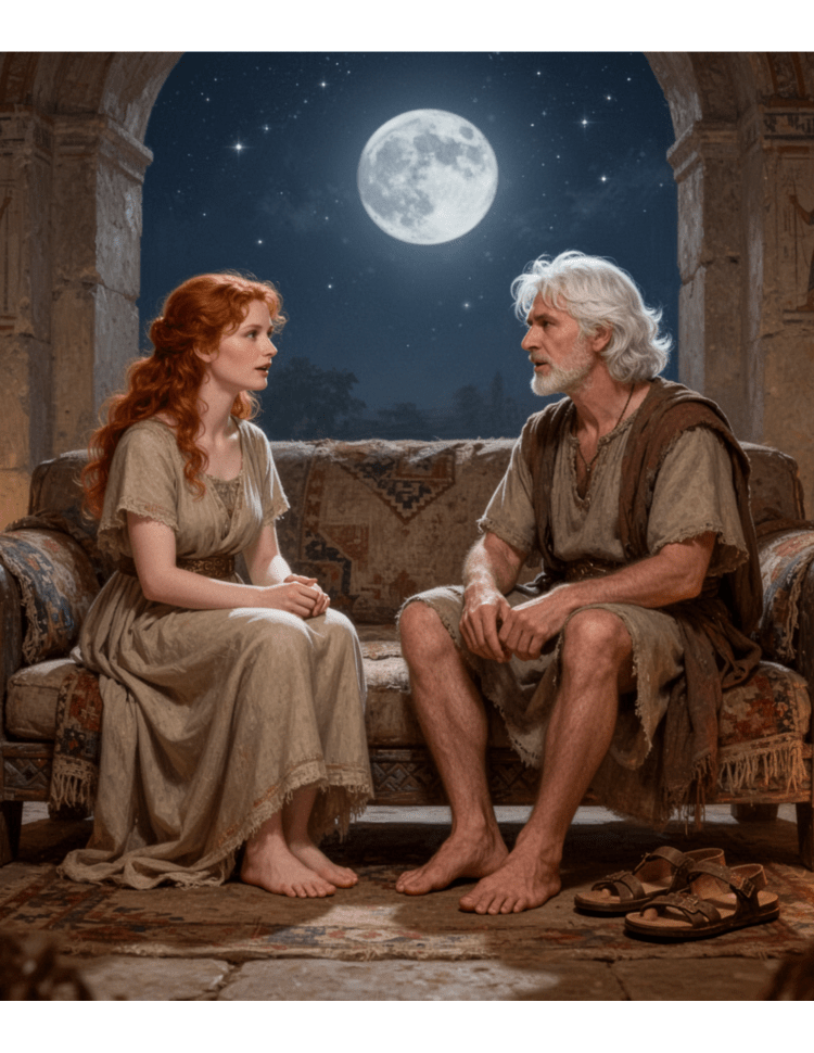 Man and woman in a first-century setting seated face to face on a couch with sandals removed, moon and night sky visible through a parted curtain behind them.