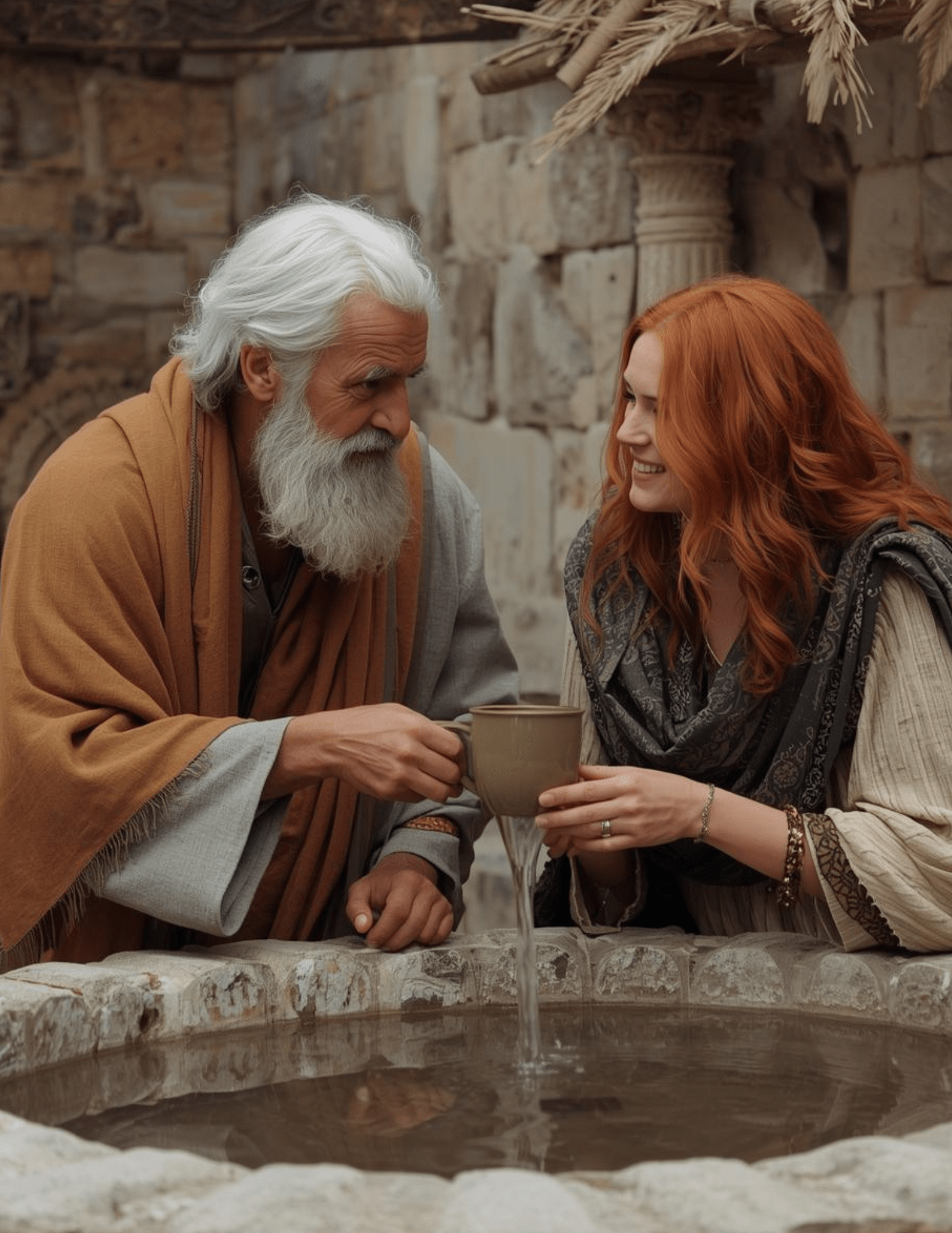 An older man wearing a camel hair pashmina sits beside a red-haired woman with unbound hair at a stone well. They share a cup of water between them.