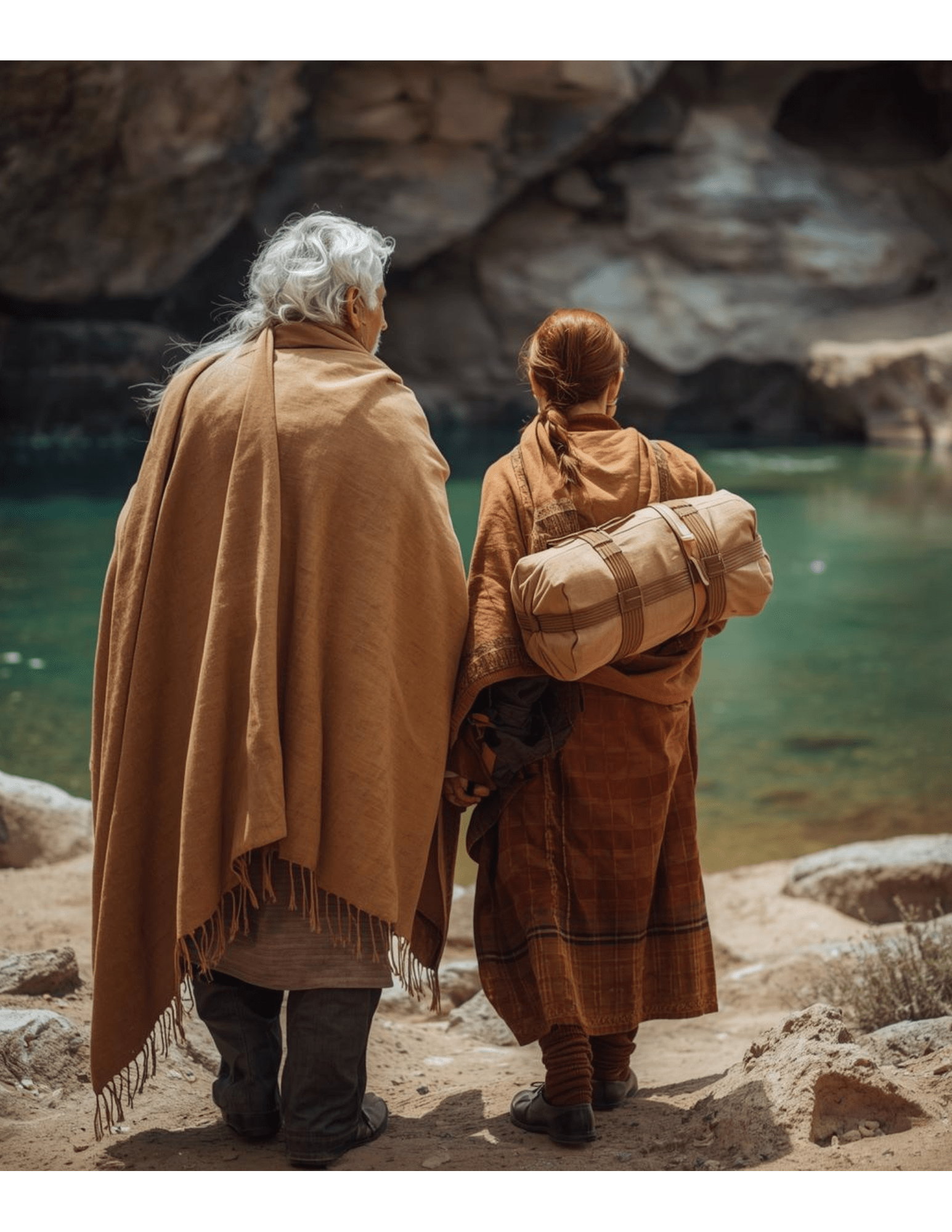 A white-haired man in a camel hair pashmina stands beside a red-haired woman with braided hair carrying a bedroll near a pool in the first century.
