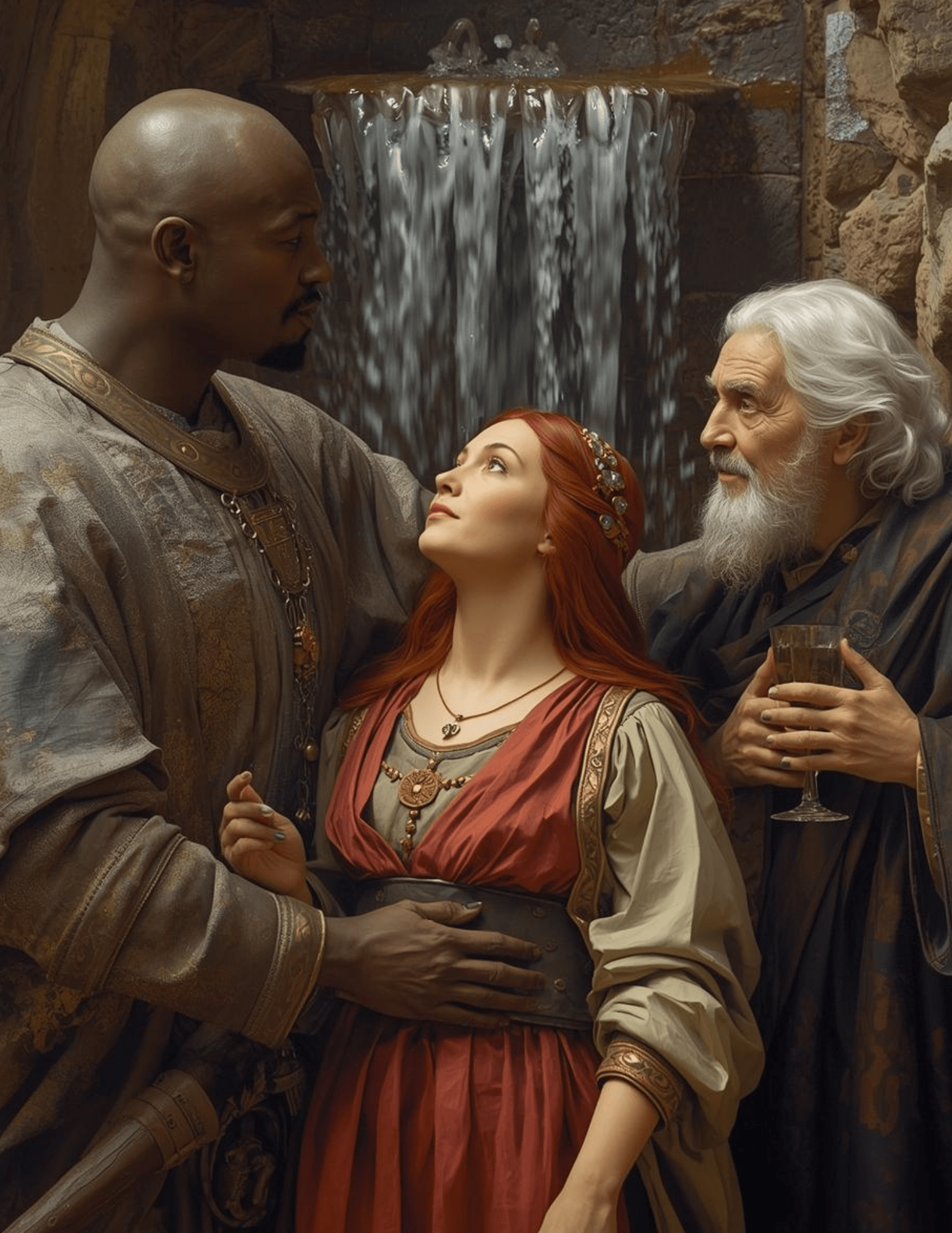 A white-haired elderly man holding a wine glass looks toward a black man with his hand at the waist of a red-haired woman, who points and looks up toward the black man.