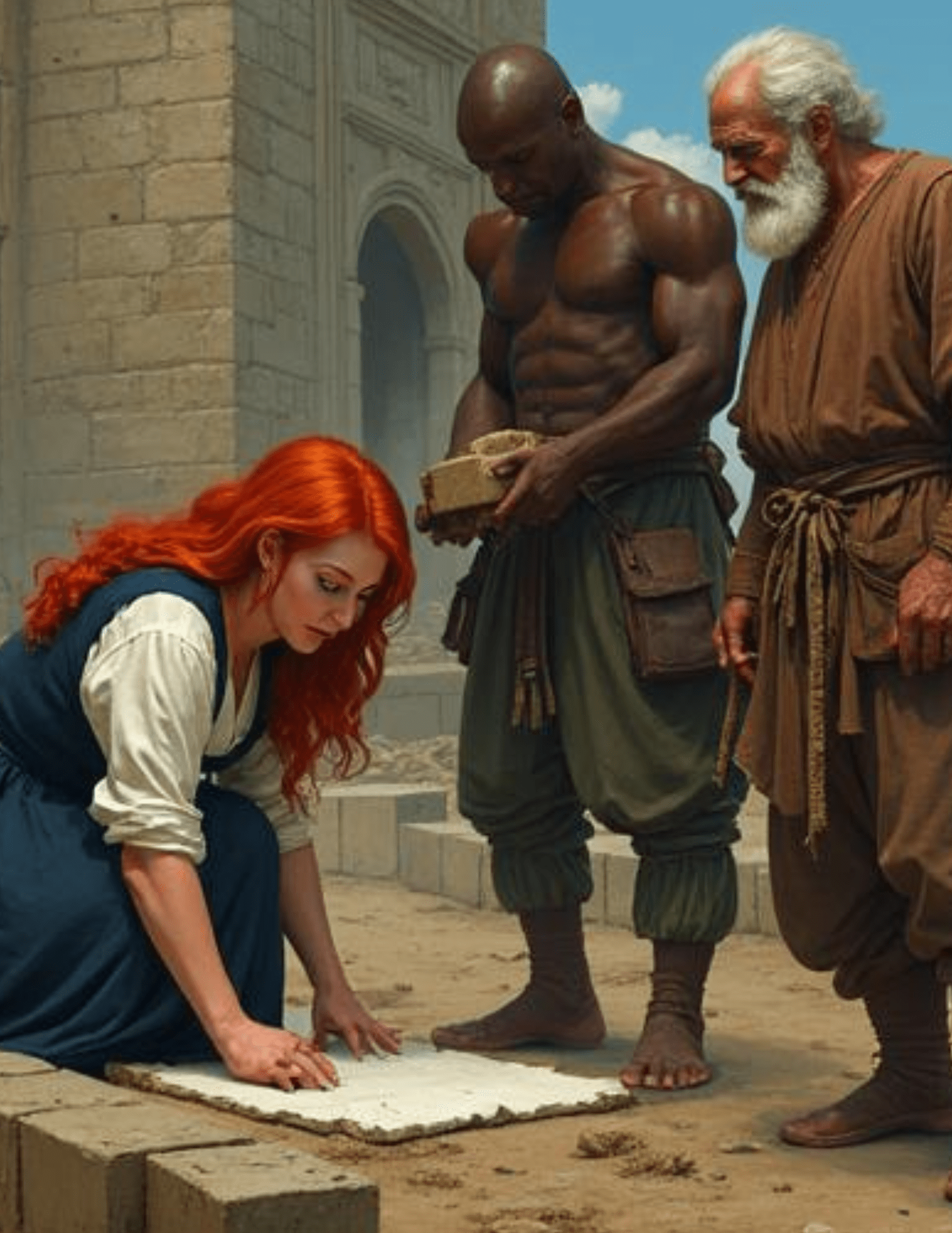 A red-haired woman bends over, touching a white stone tablet on the ground. A black man holding a stone building block stands beside an older white-haired man as both watch.
