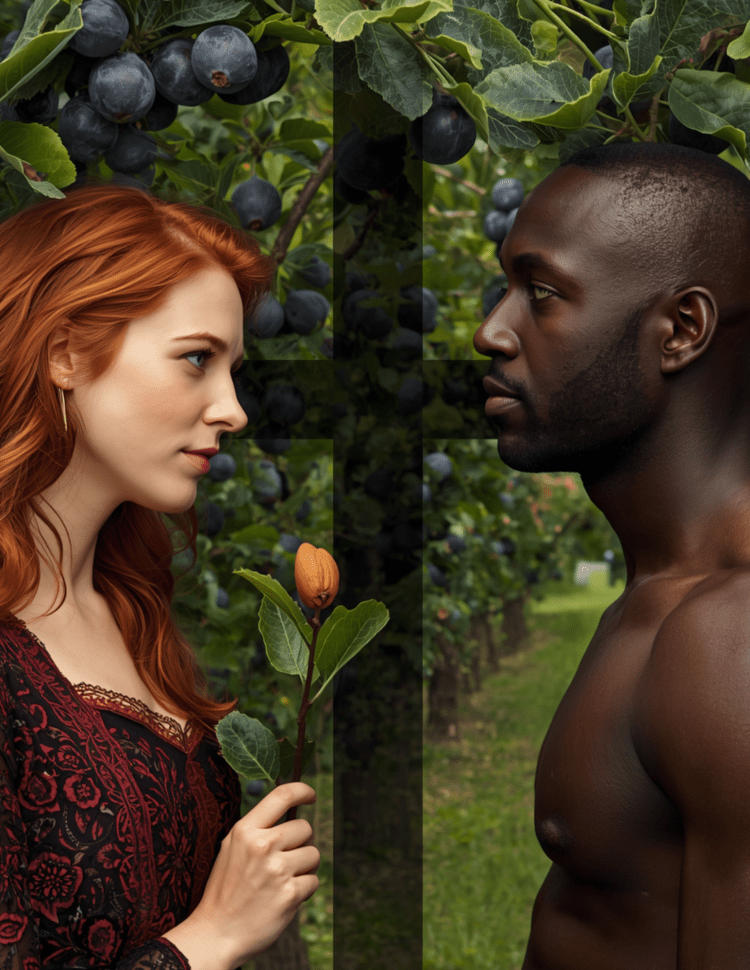 A red-haired woman holding a small almond branch stands face to face with a Black man, surrounded by leafy fig trees, with a wooden cross between them.
