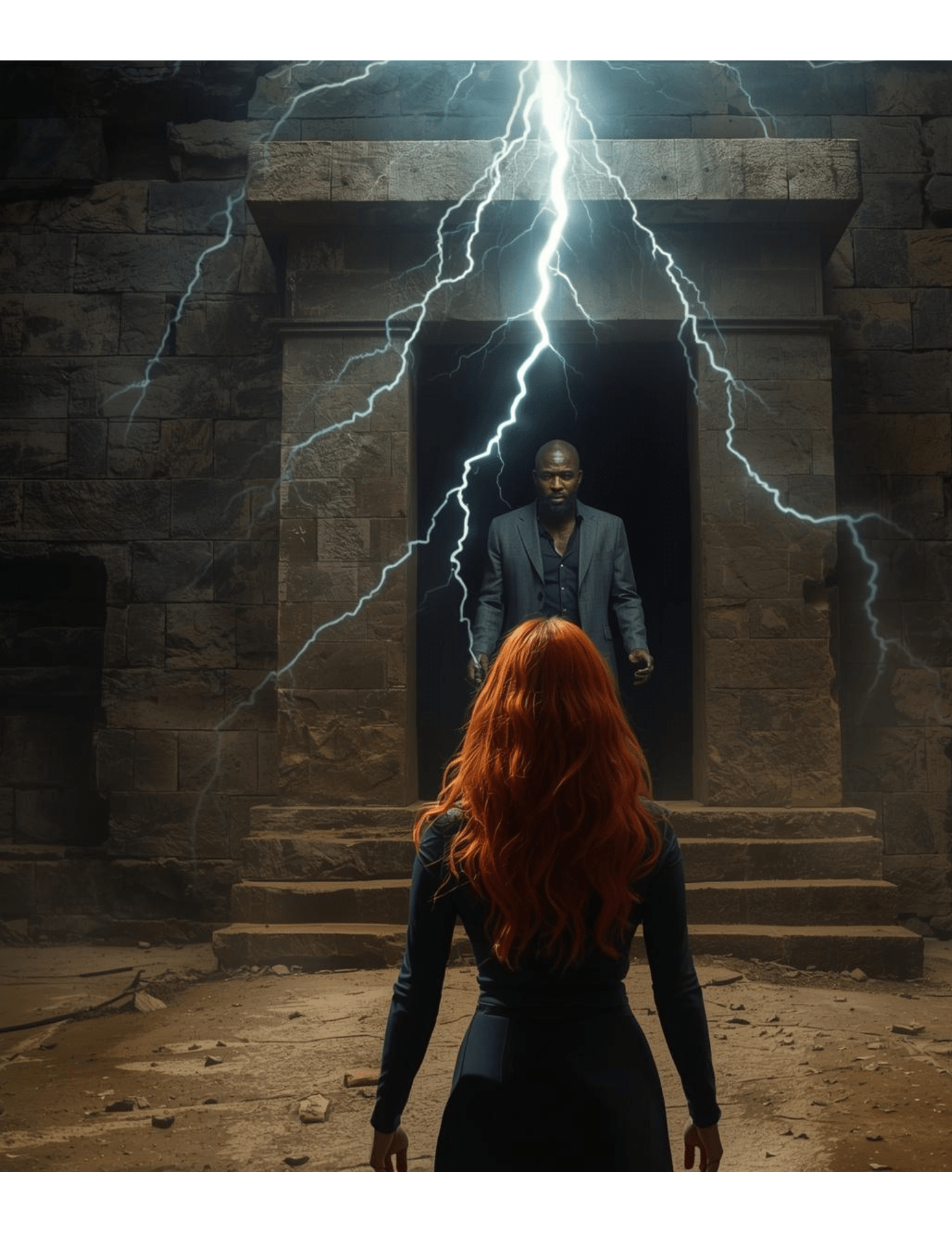 A Black man stands in the darkened doorway of a stone building as lightning strikes overhead, illuminating his face. In the foreground, a red-haired woman faces him, with a stone stairway directly in front of them.