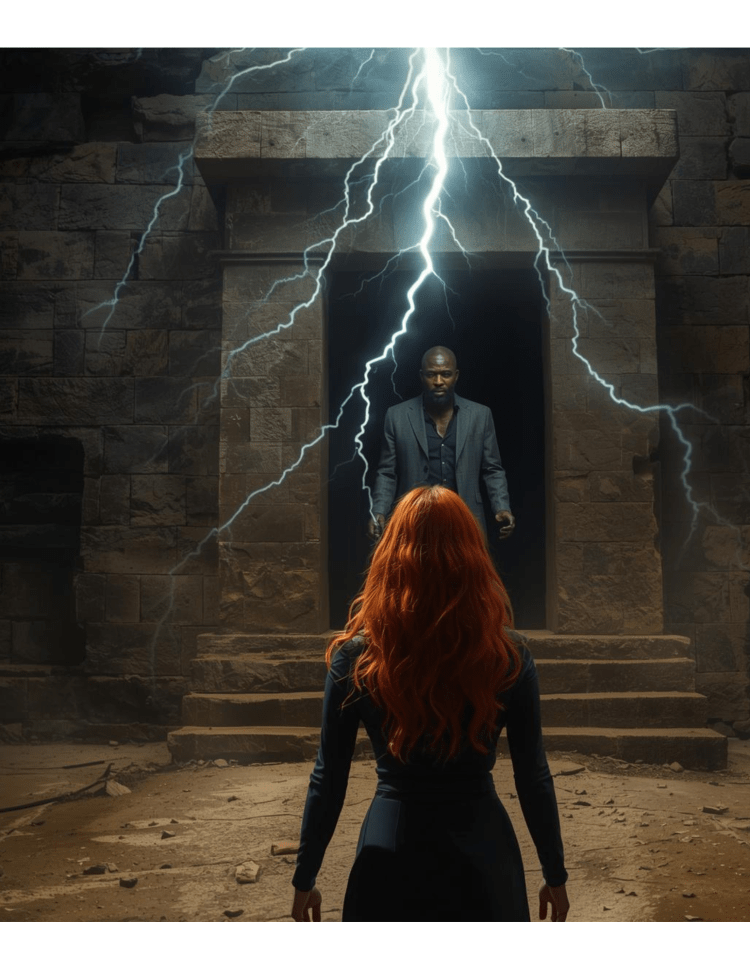 A Black man stands in the darkened doorway of a stone building as lightning strikes overhead, illuminating his face. In the foreground, a red-haired woman faces him, with a stone stairway directly in front of them.