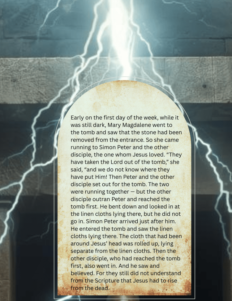 A dark doorway beneath a stone beam, illuminated by a thunderbolt. In place of the door, an arched parchment displays a passage from John 20:1–9.