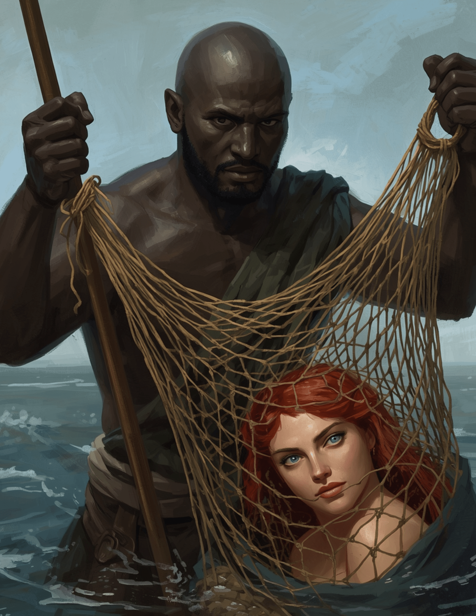 A Black man stands in the water holding a net, with a red-haired, blue-eyed woman caught within it, as waves move around them.