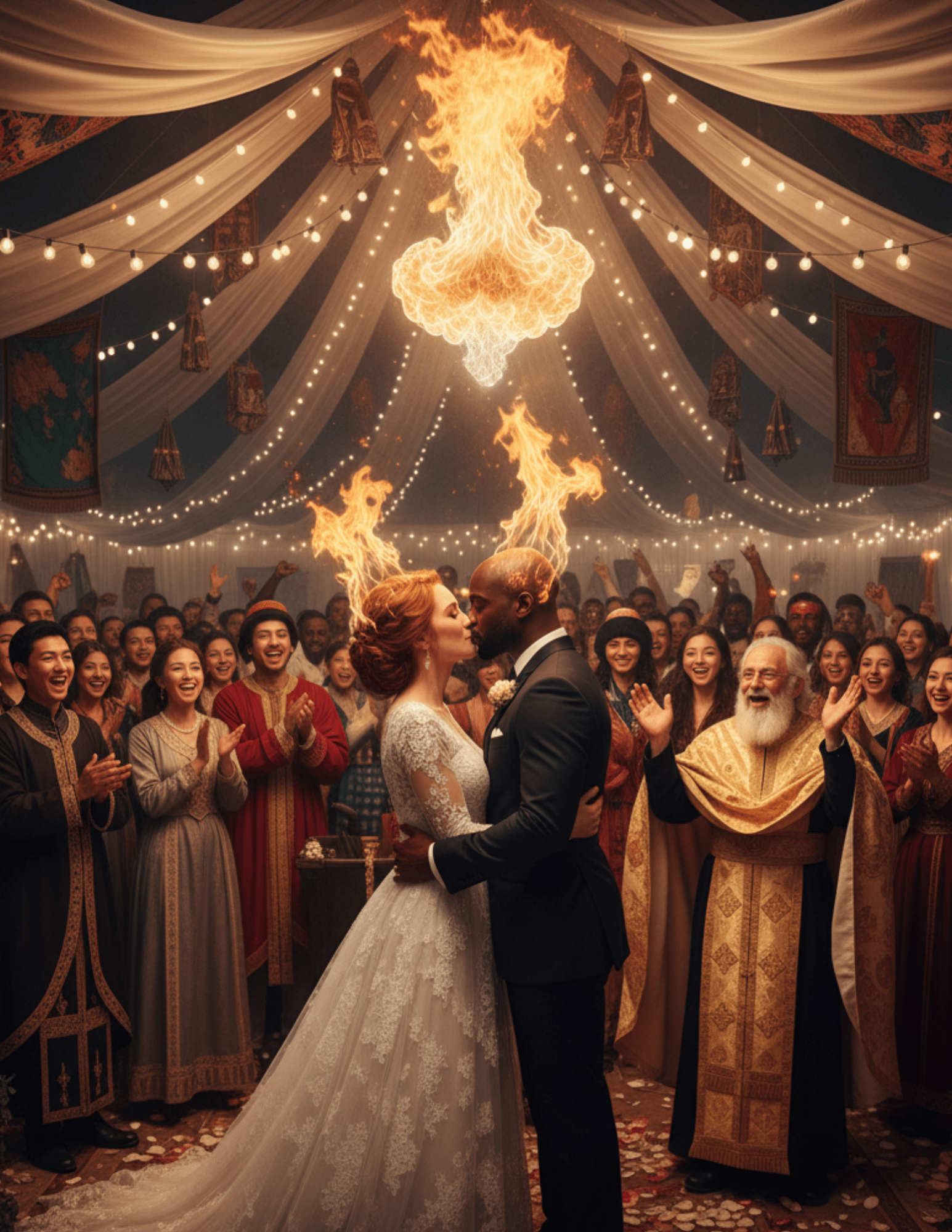 A bride and groom kiss beneath descending flames, surrounded by a gathered crowd, with a joyful presider looking on.