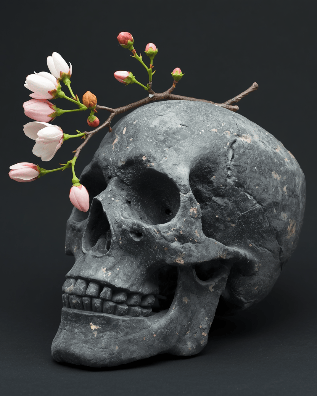 A blossoming almond branch rests across a weathered stone-grey human skull against a coal-black background.